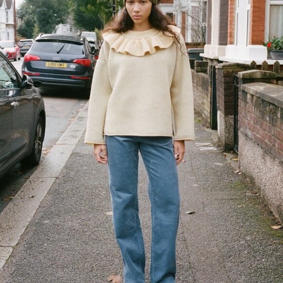 CAWLEY STUDIO Lambswool Ruffle Jumper in Navy, Small, New Condition - Picture 4 of 12